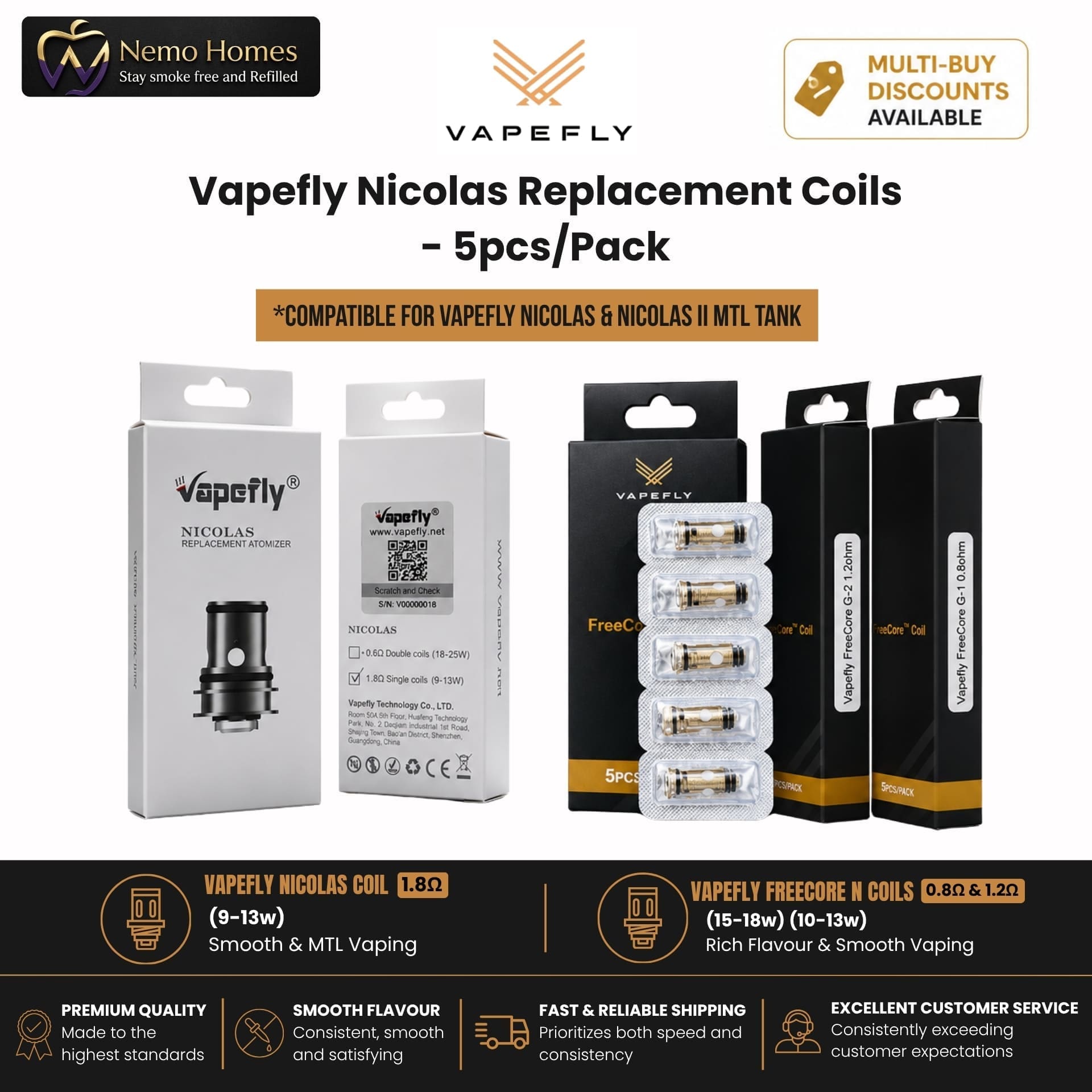 Buy Vapefly Nicolas FreeCore N Series Replacement Coils - Free UK Next Day Delivery (no minimum spend)