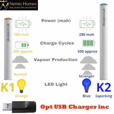 Buy Ok Vape K1 K2 SuperKing Battery and USB  - Free UK Next Day Delivery (no minimum spend)