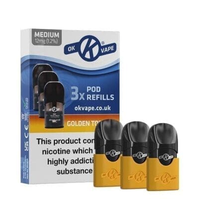 Buy Ok Vape Pod Vape Kit - 3 x Golden Tobacco 12mg Pods  - Free UK Next Day Delivery (no minimum spend)