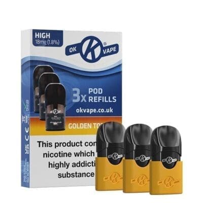 Buy Ok Vape Pod Vape Kit - 3 x Golden Tobacco 18mg Pods  - Free UK Next Day Delivery (no minimum spend)