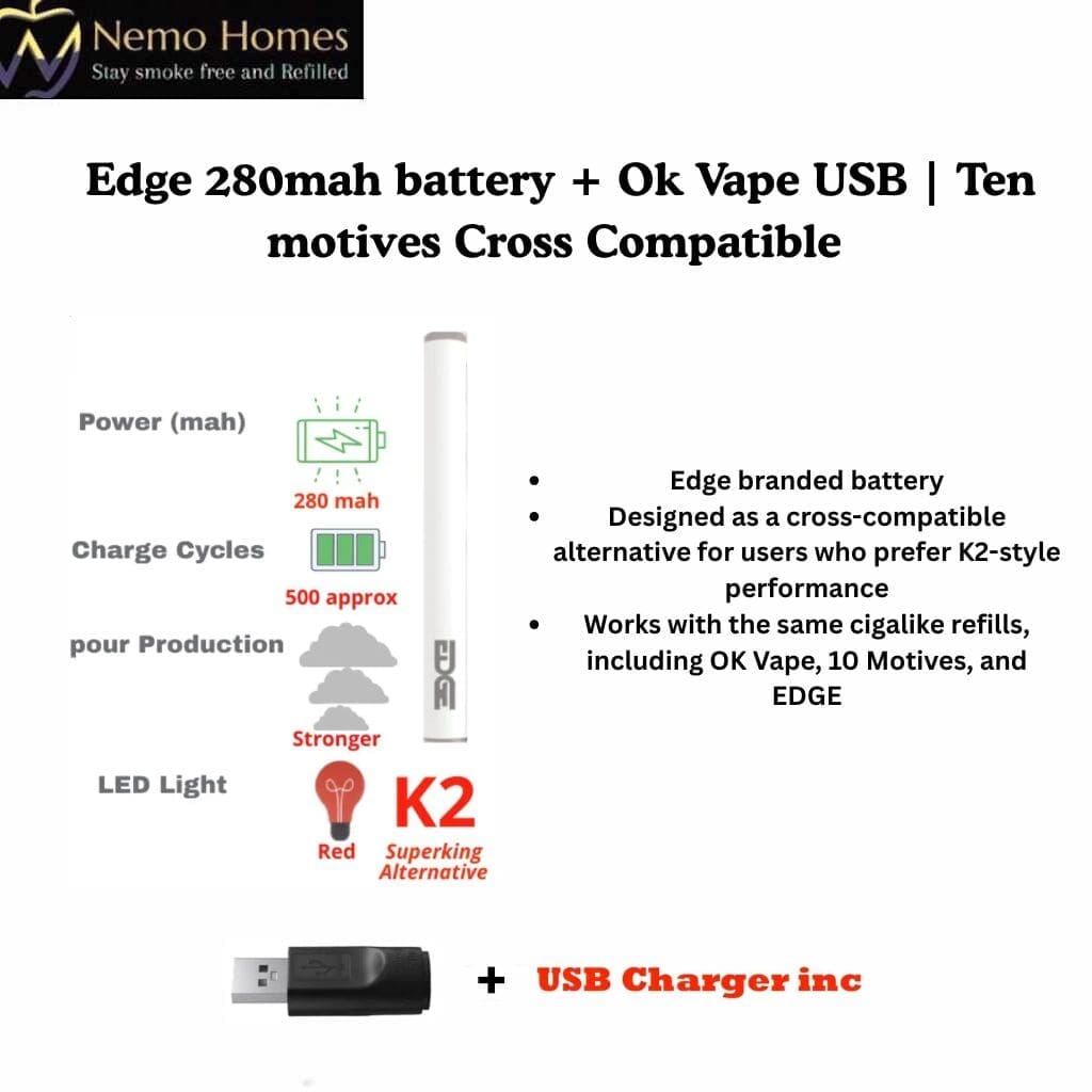 Buy Edge 280mah battery + Optional USB Charger| 10 motives Ok Vape Cross Compatible - Free UK Next Day Delivery (no minimum spend)