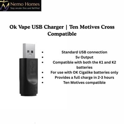 Buy Ok Vape USB Charger | Ten Motives Cross Compatible  - Free UK Next Day Delivery (no minimum spend)