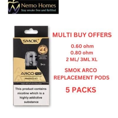 Buy SMOK Arco Replacement Pods - 0.80 ohm - XL (5 PACKS)  - Free UK Next Day Delivery (no minimum spend)