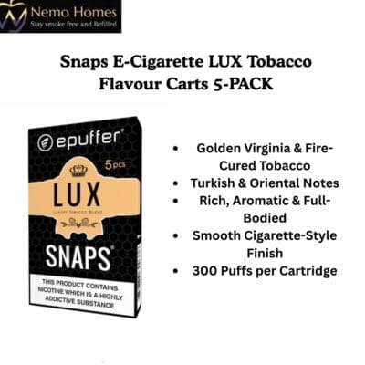 Buy Snaps E-Cigarette LUX Tobacco Flavour Carts 5-PACK  - Free UK Next Day Delivery (no minimum spend)