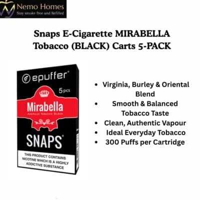 Buy Snaps E-Cigarette MIRABELLA Tobacco (BLACK) Carts 5-PACK  - Free UK Next Day Delivery (no minimum spend)