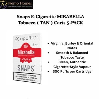 Buy Snaps E-Cigarette MIRABELLA Tobacco ( TAN ) Carts 5-PACK  - Free UK Next Day Delivery (no minimum spend)