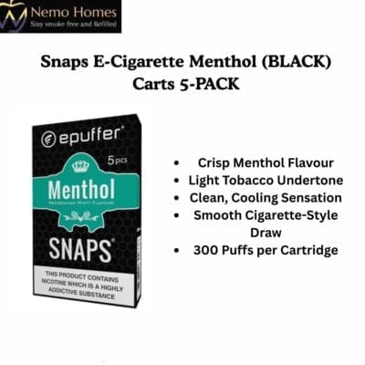 Buy Snaps E-Cigarette Menthol (BLACK) Carts 5-PACK  - Free UK Next Day Delivery (no minimum spend)