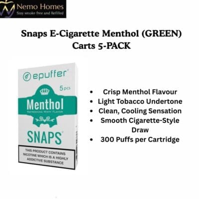 Buy Snaps E-Cigarette Menthol (GREEN) Carts 5-PACK  - Free UK Next Day Delivery (no minimum spend)