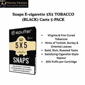 Buy ePuffer SNAPS E-cigarette 5X5 TOBACCO (BLACK) Carts 5-PACK  - Free UK Next Day Delivery (no minimum spend)