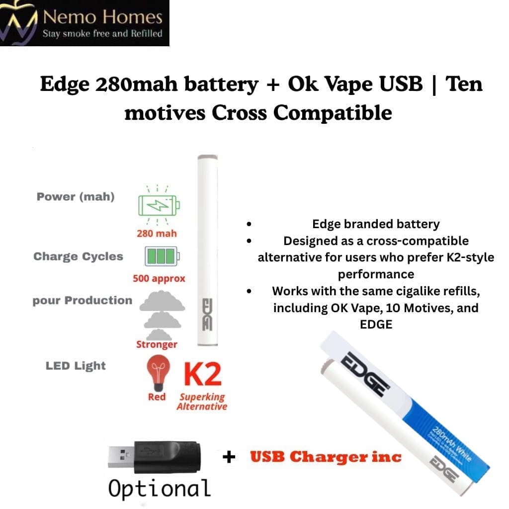 Buy Edge 280mah battery + Optional USB Charger| 10 motives Ok Vape Cross Compatible - Free UK Next Day Delivery (no minimum spend)