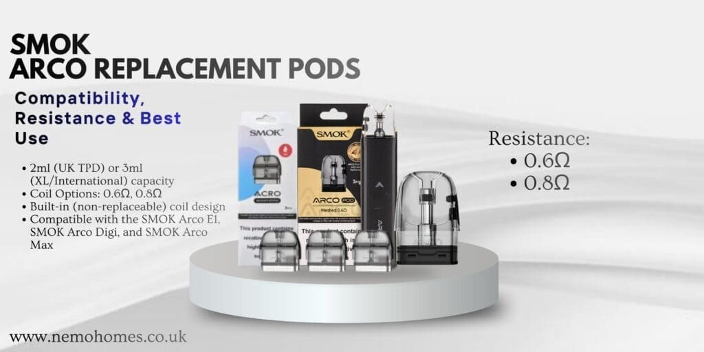 Buy SMOK Arco Replacement Pods – Full Guide: Everything You Need To Know Explained 0.6 ohm pod - Free UK Next Day Delivery (no minimum spend)