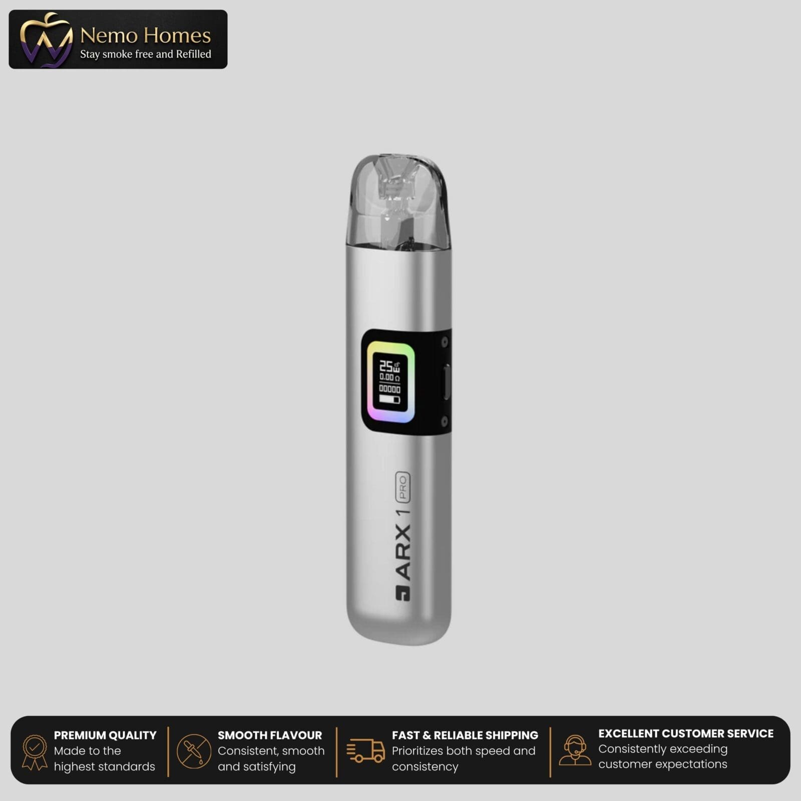 Buy JAC Vapour ARX 1 Pro Refillable Pod Kit | Free Mystery E-Liquid - ARX 1 Pro Grey Titanium - Free UK Next Day Delivery (no minimum spend)