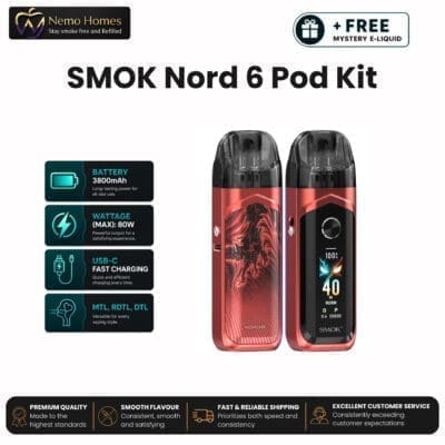 Buy SMOK Nord 6 Kit + Free E liquid - Peach Pink  - Free UK Next Day Delivery (no minimum spend)