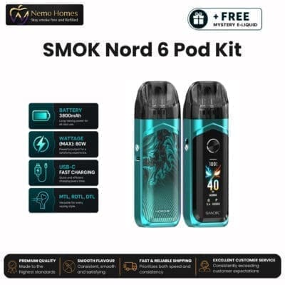 Buy SMOK Nord 6 Kit + Free E liquid - Mineral Green  - Free UK Next Day Delivery (no minimum spend)