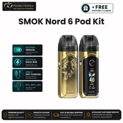 Buy SMOK Nord 6 Kit + Free E liquid - Gold  - Free UK Next Day Delivery (no minimum spend)
