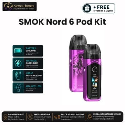 Buy SMOK Nord 6 Kit + Free E liquid - Pink  - Free UK Next Day Delivery (no minimum spend)